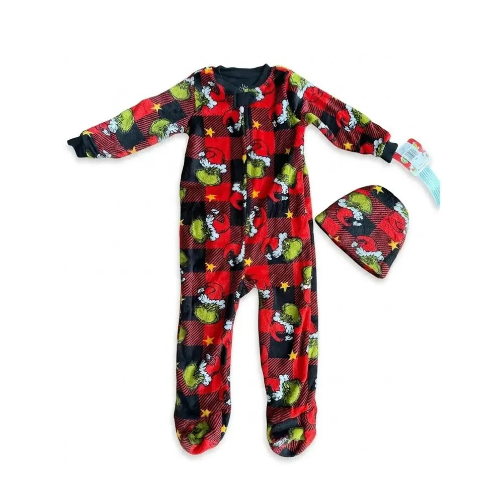 NEW! 3M Dr Seuss The Grinch Holiday AOP Fleece Footed Pajamas w/Beanie